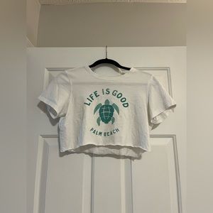 Life Is Good Palm Beach White Cropped T-Shirt with Teal Turtle Size S